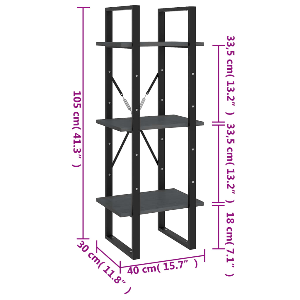Ormarić za knjige s 3 razine sivi 40 x 30 x 105 cm od borovine