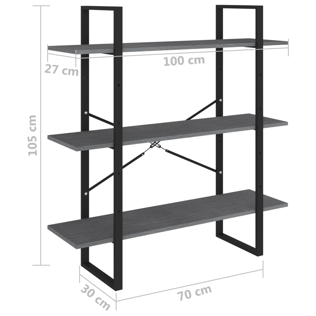Ormarić za knjige s 3 razine sivi 100 x 30 x 105 cm od borovine