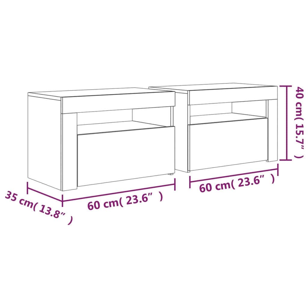 Noćni ormarići 2 kom s LED svjetlima boja hrasta 60x35x40 cm