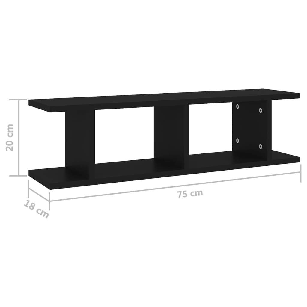 Zidne police 2 kom crne 75 x 18 x 20 cm konstruirano drvo