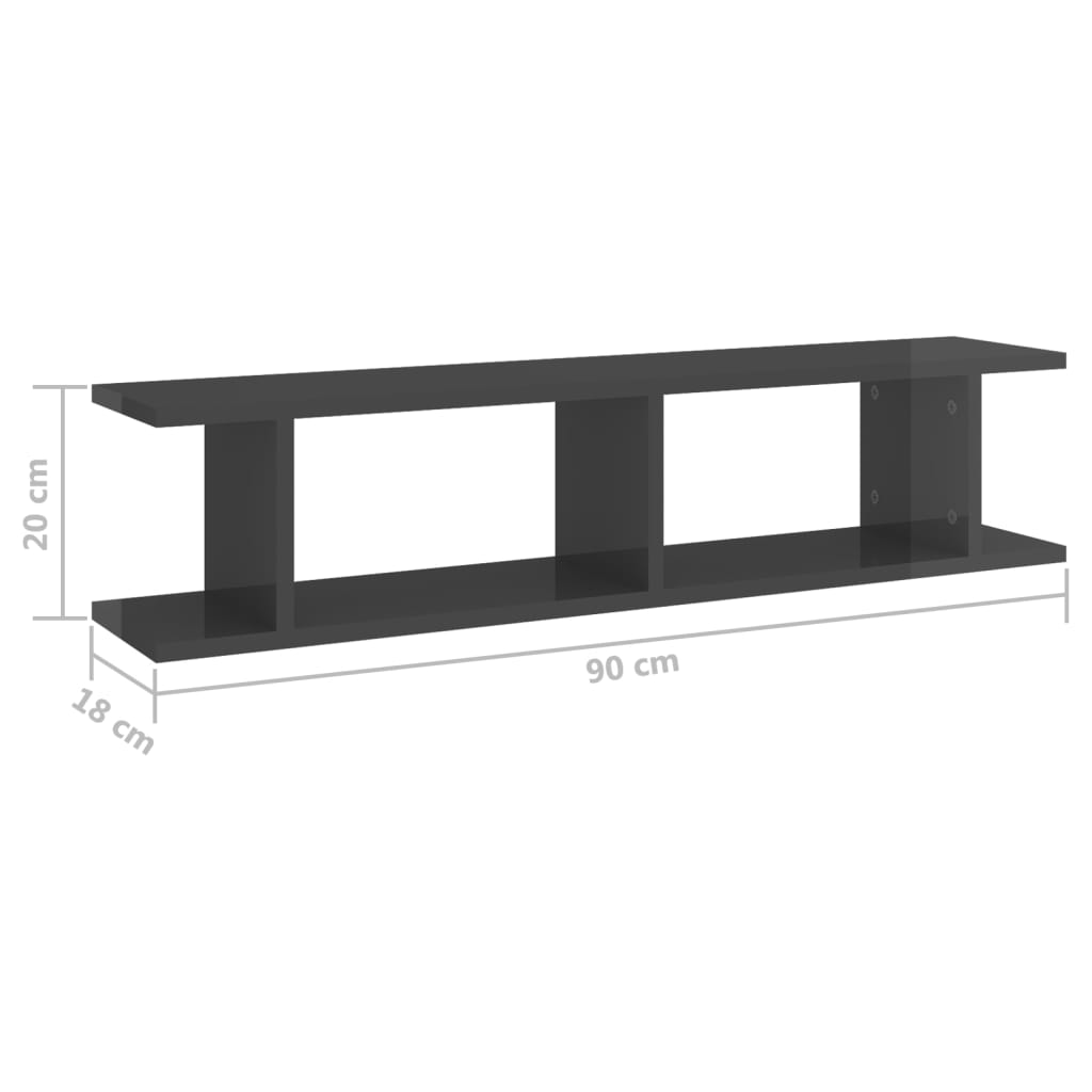 Zidne police 2 kom sjajne sive 90x18x20 cm konstruirano drvo