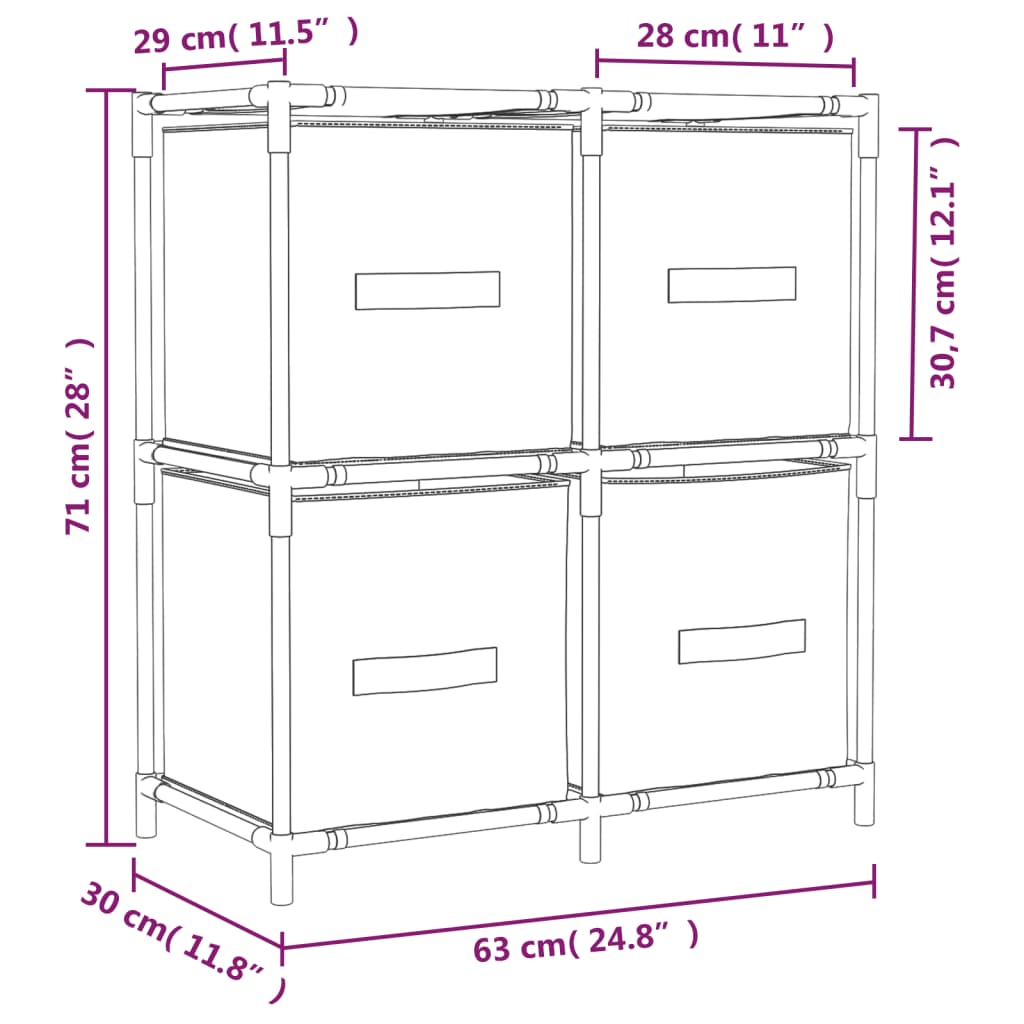 Ormarić za pohranu s 4 platnene košare krem 63x30x71 cm čelični