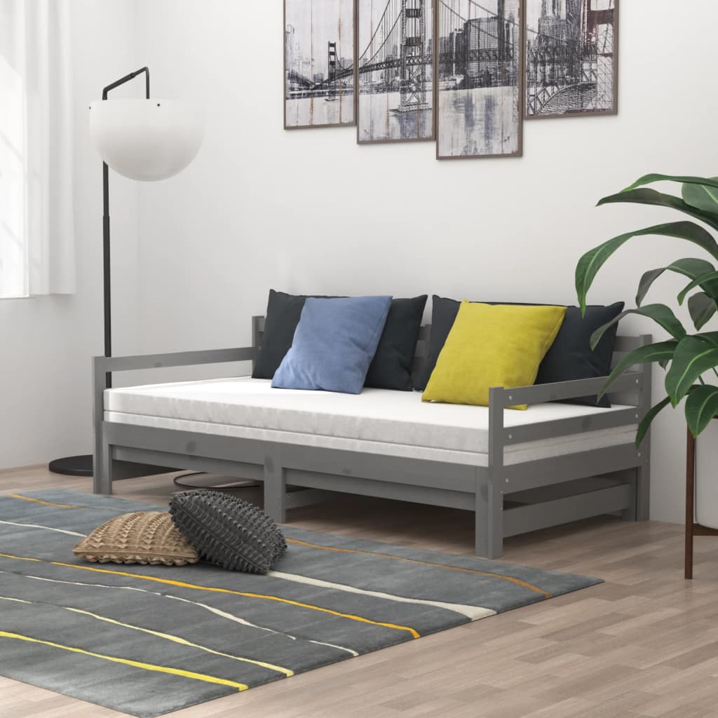 Dnevni ležaj na izvlačenje sivi od borovine 2 x (90 x 200) cm