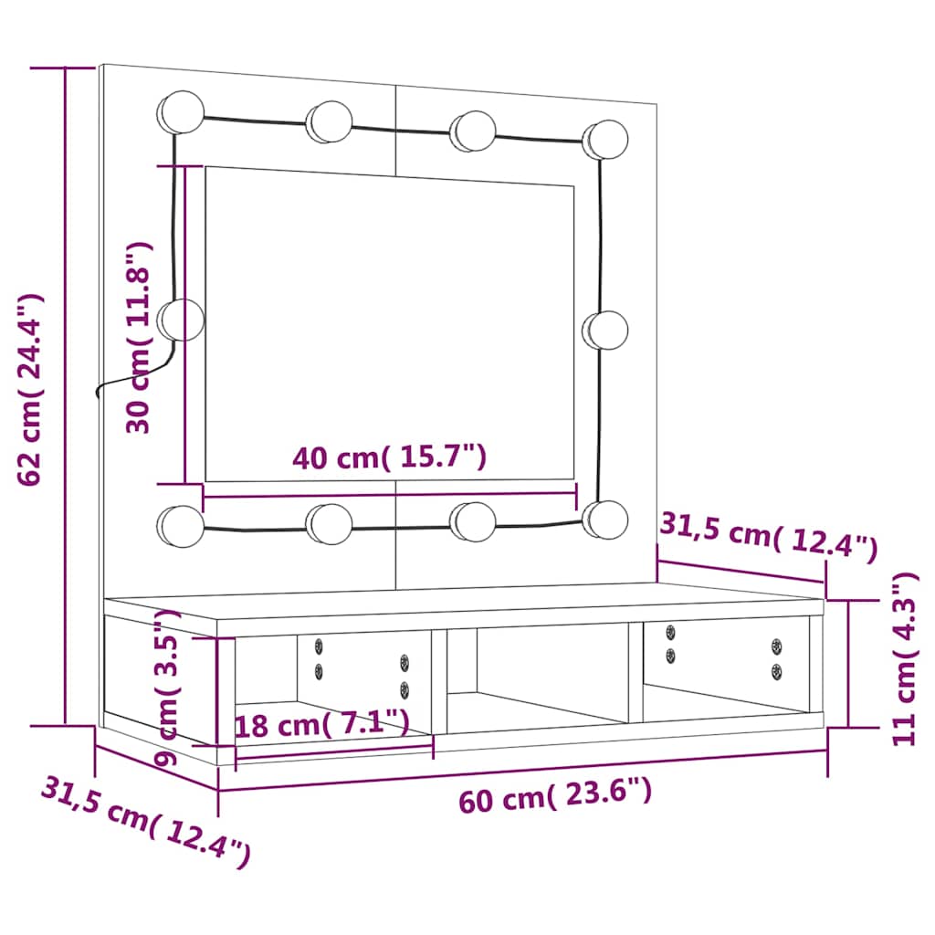 Kupaonski ormarić s LED ogledalom boja betona 60 x 31,5 x 62 cm