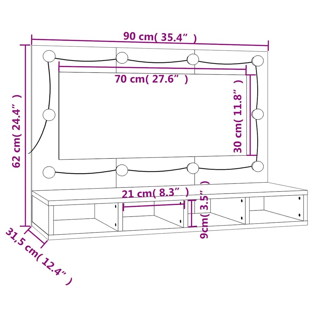 Kupaonski ormarić s LED ogledalom boja betona 90 x 31,5 x 62 cm