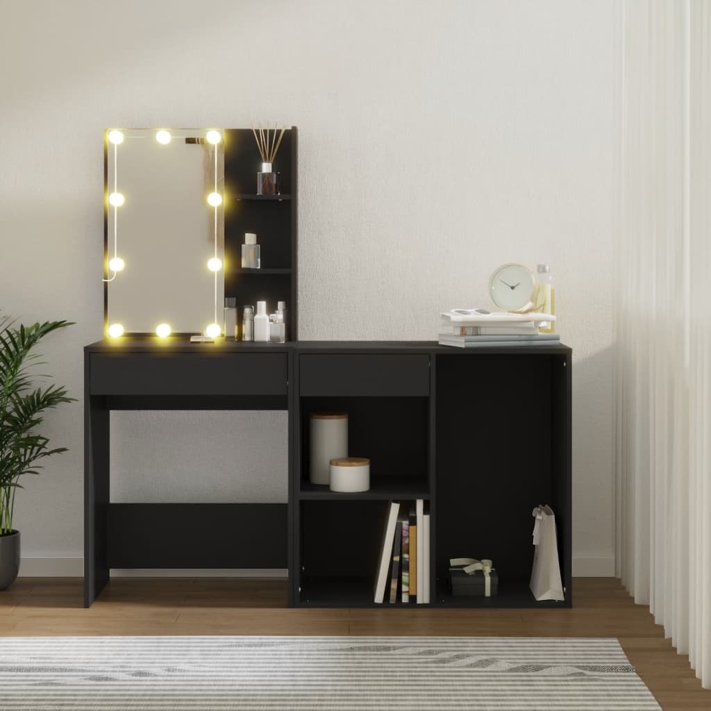 LED toaletni stolić s ormarićem crni od konstruiranog drva