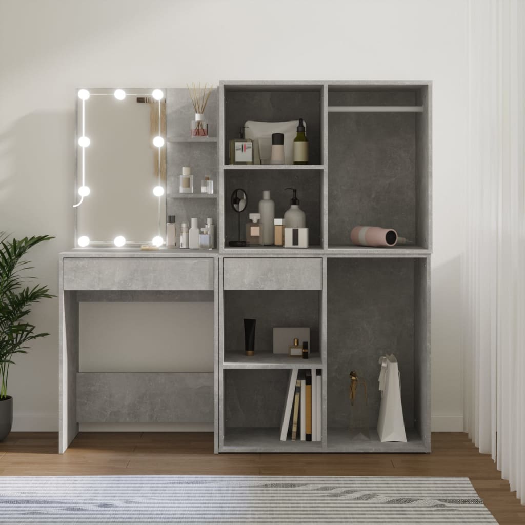 LED toaletni stolić s 2 ormarića boja betona konstruirano drvo