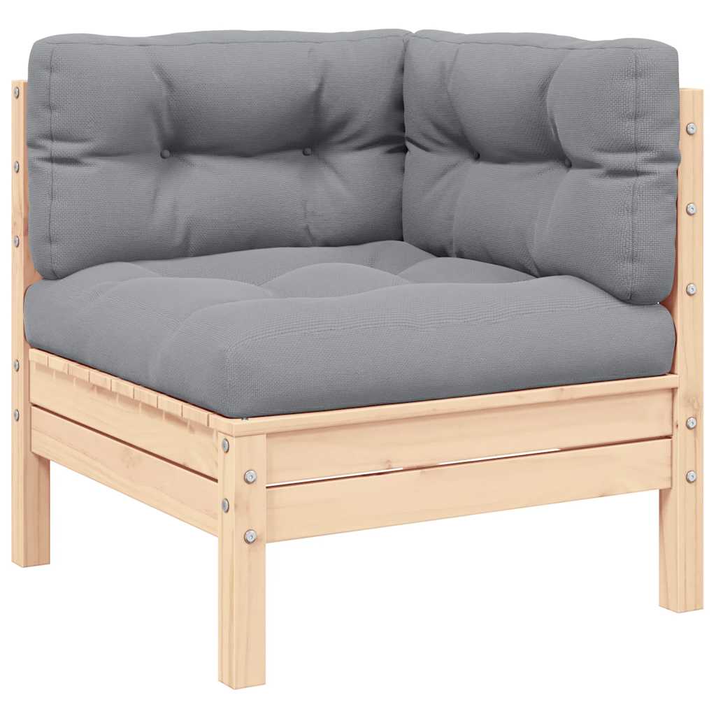 Kutna vrtna sofa sa sivim jastucima od masivne borovine