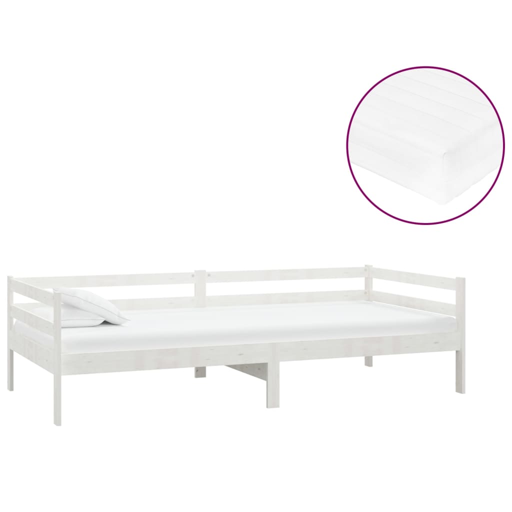Dnevni ležaj s madracem 90 x 200 cm bijeli od masivne borovine