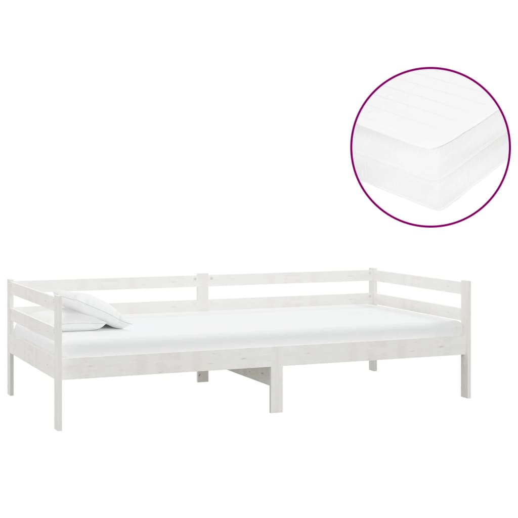 Dnevni ležaj s madracem 90 x 200 cm bijeli od masivne borovine