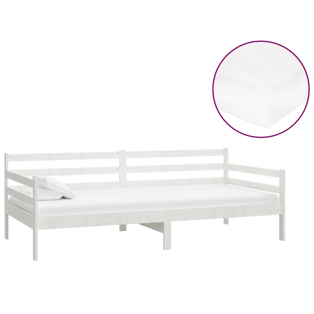 Dnevni ležaj s madracem 90 x 200 cm bijeli od masivne borovine