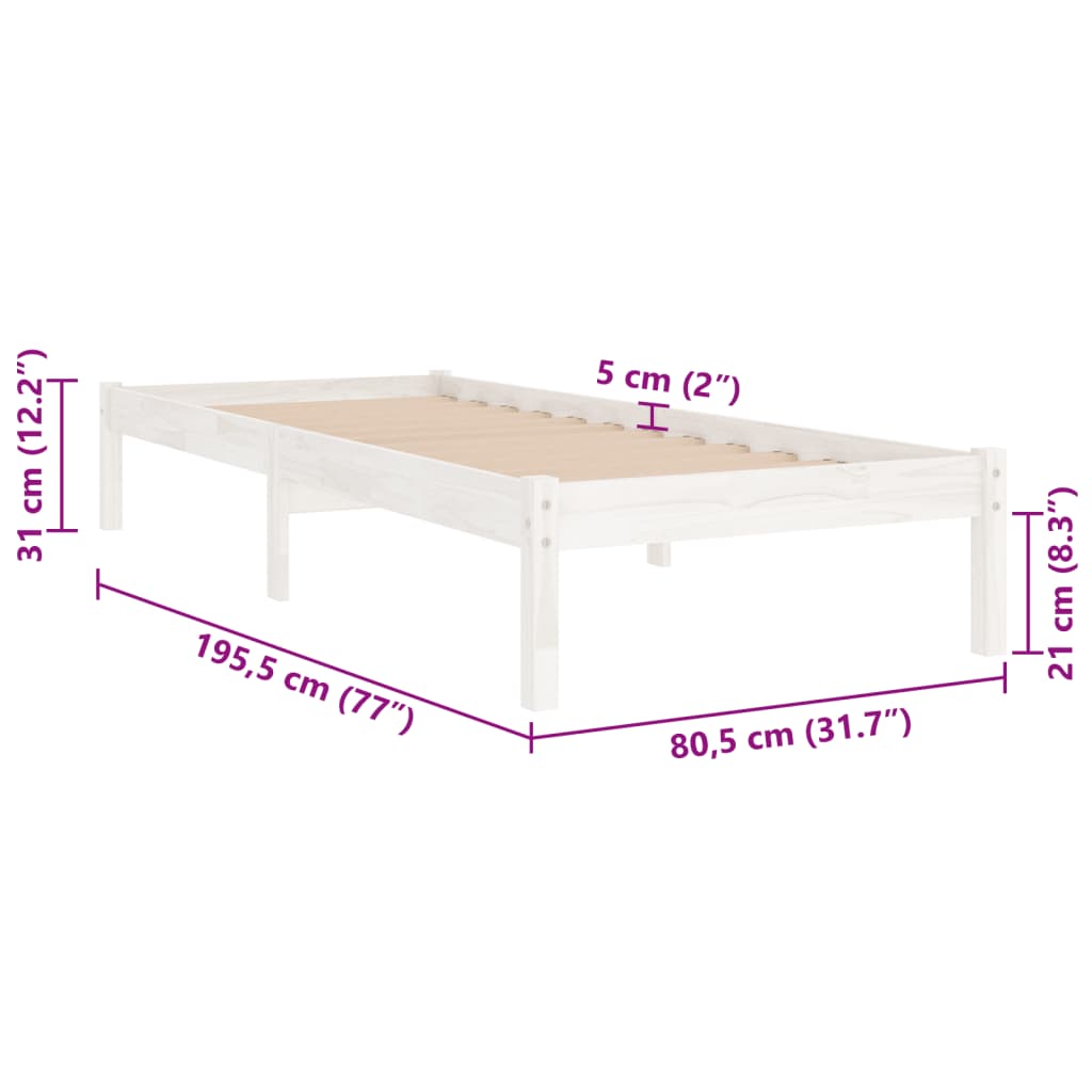 Okvir za krevet od masivnog drva bijeli 75 x 190 cm mali