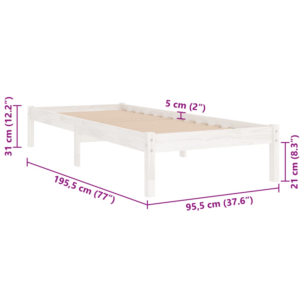 Okvir za krevet bijeli od masivnog drva 90 x 190 cm mali