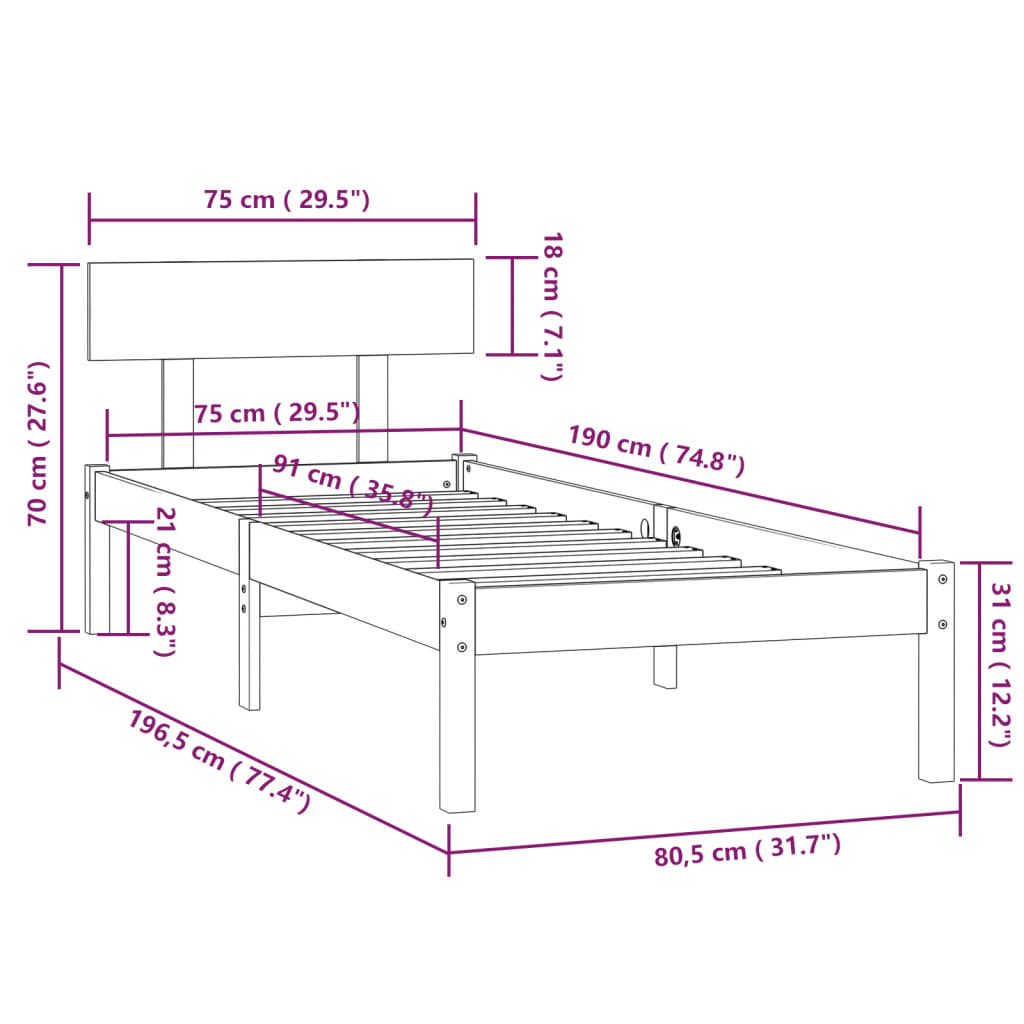 Okvir za krevet od masivnog drva bijeli 75 x 190 cm mali
