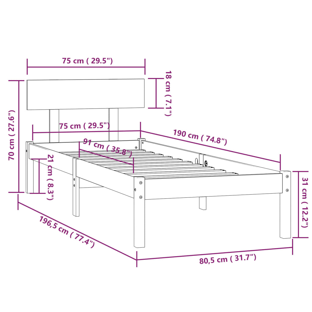 Okvir za krevet od masivnog drva crni 75 x 190 cm mali