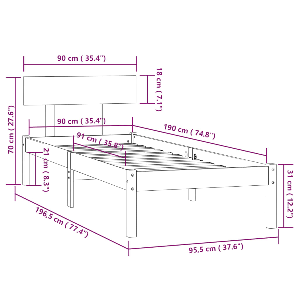 Okvir za krevet od masivne borovine bijeli 90 x 190 cm mali