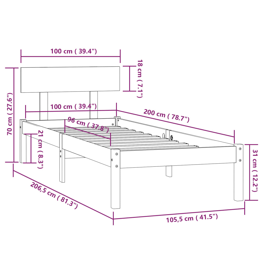 Okvir za krevet od masivne borovine crni 100 x 200 cm