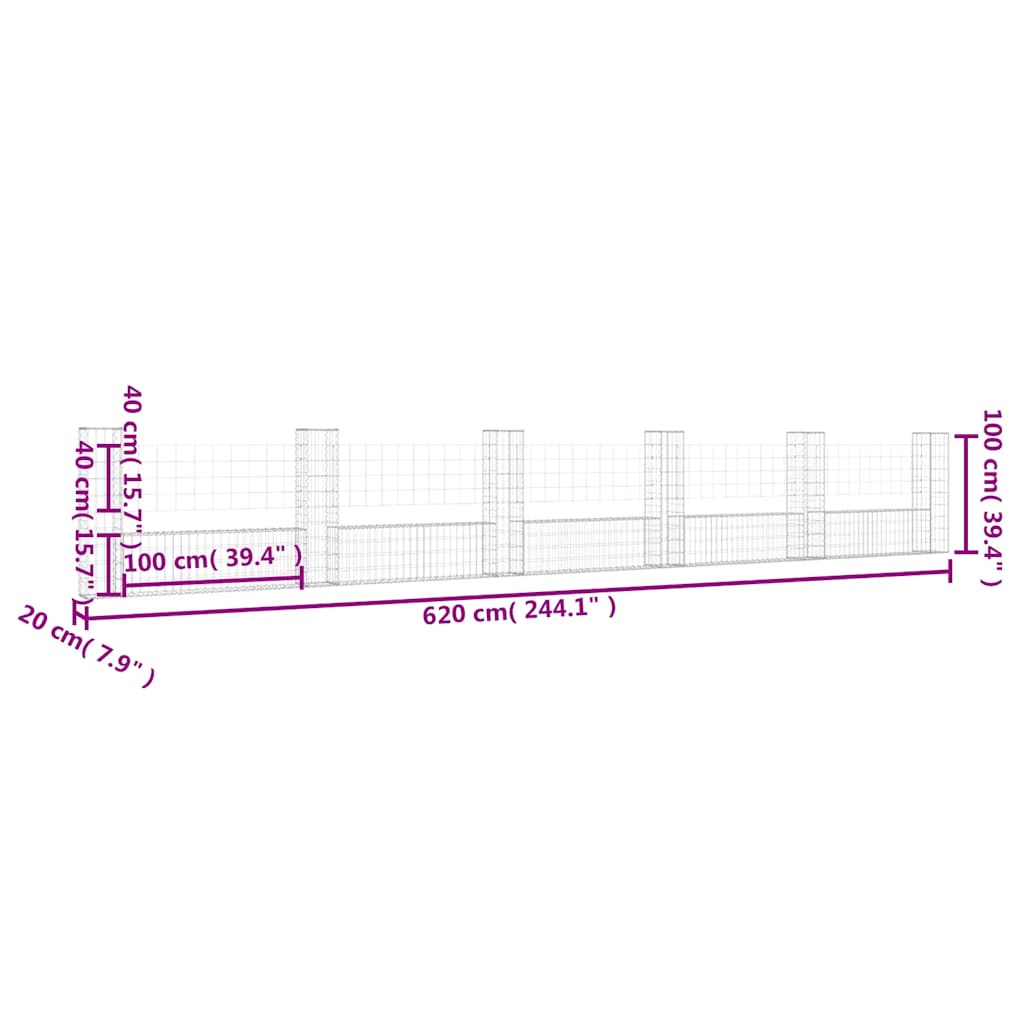 Gabionska košara U-oblika sa 6 stupova 620x20x100 cm željezna