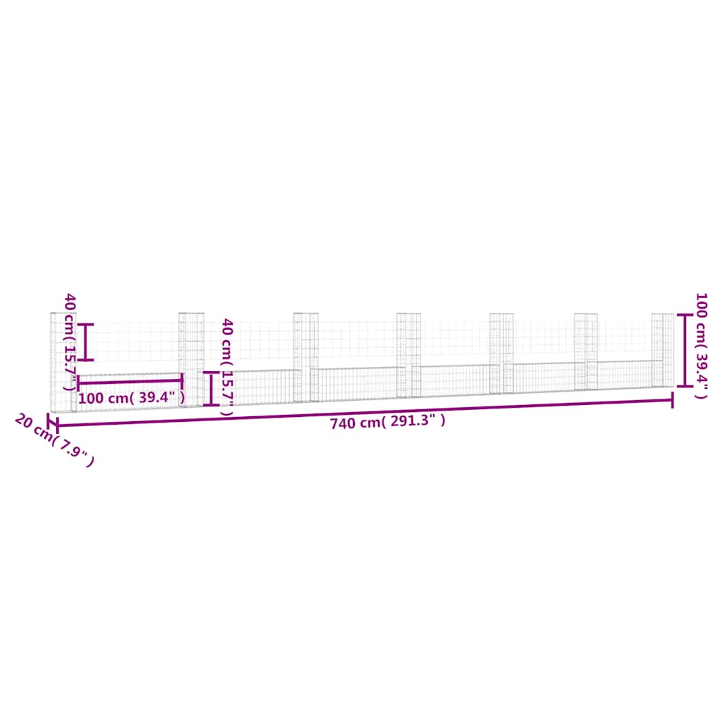 Gabionska košara U-oblika sa 7 stupova 740x20x100 cm željezna