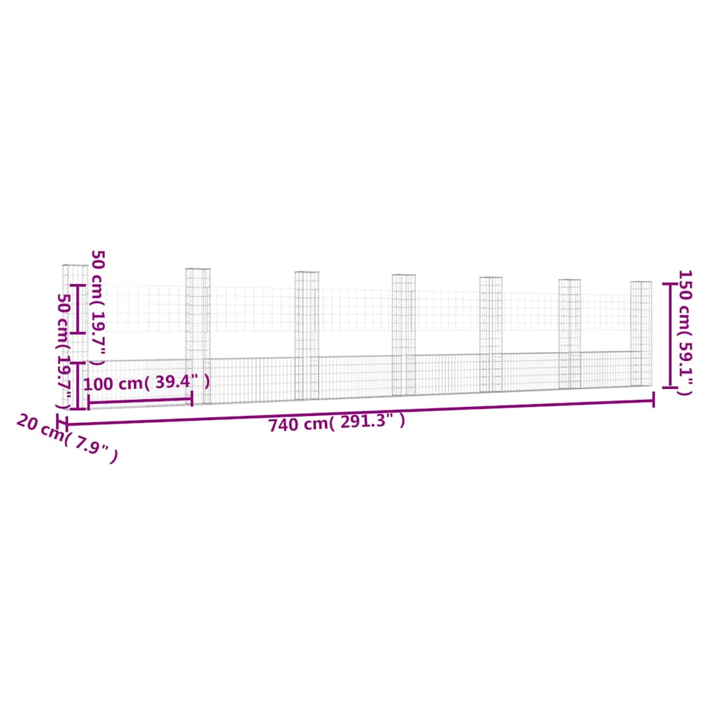 Gabionska košara U-oblika sa 7 stupova 740x20x150 cm željezna