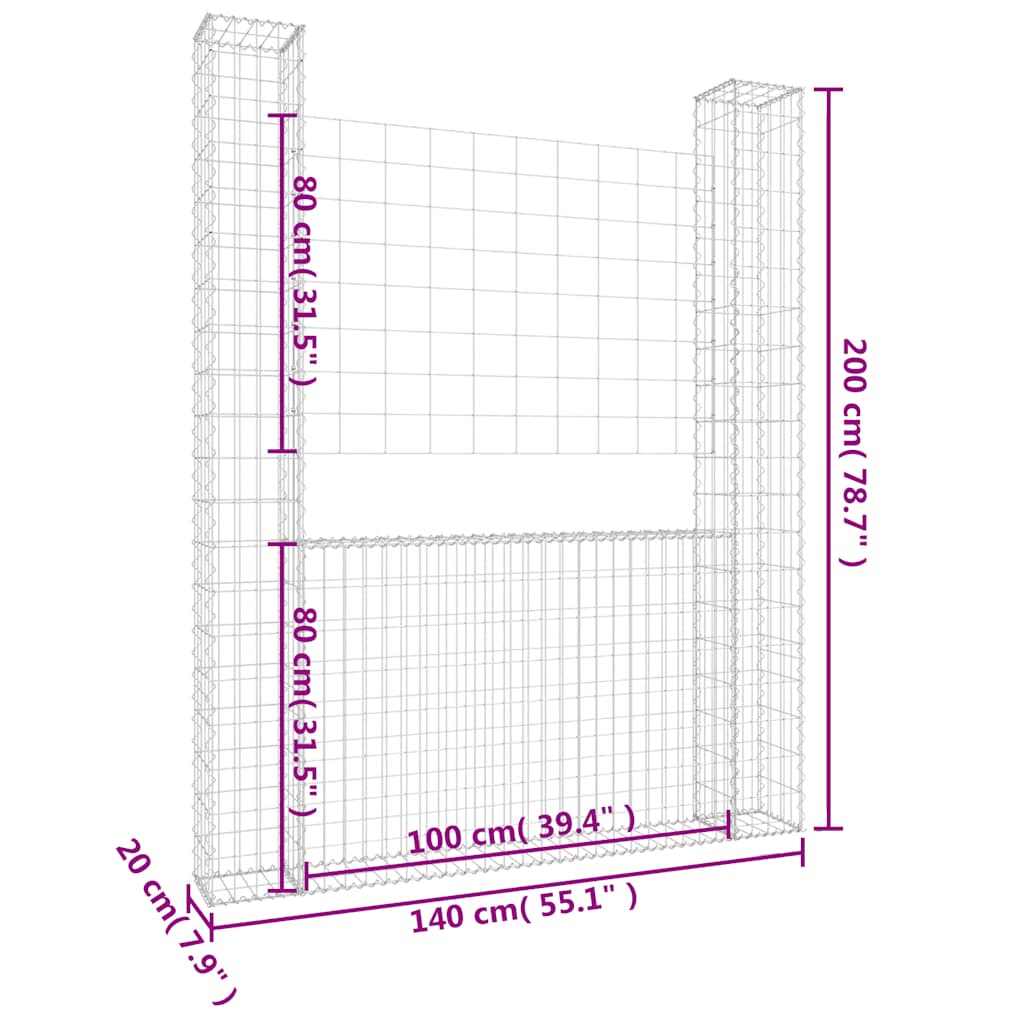 Gabionska košara U-oblika s 2 stupa 140 x 20 x 200 cm željezna