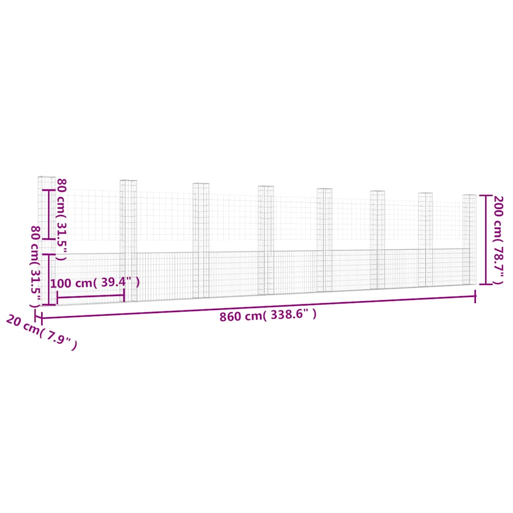 Gabionska košara U-oblika s 8 stupova 860x20x200 cm željezna