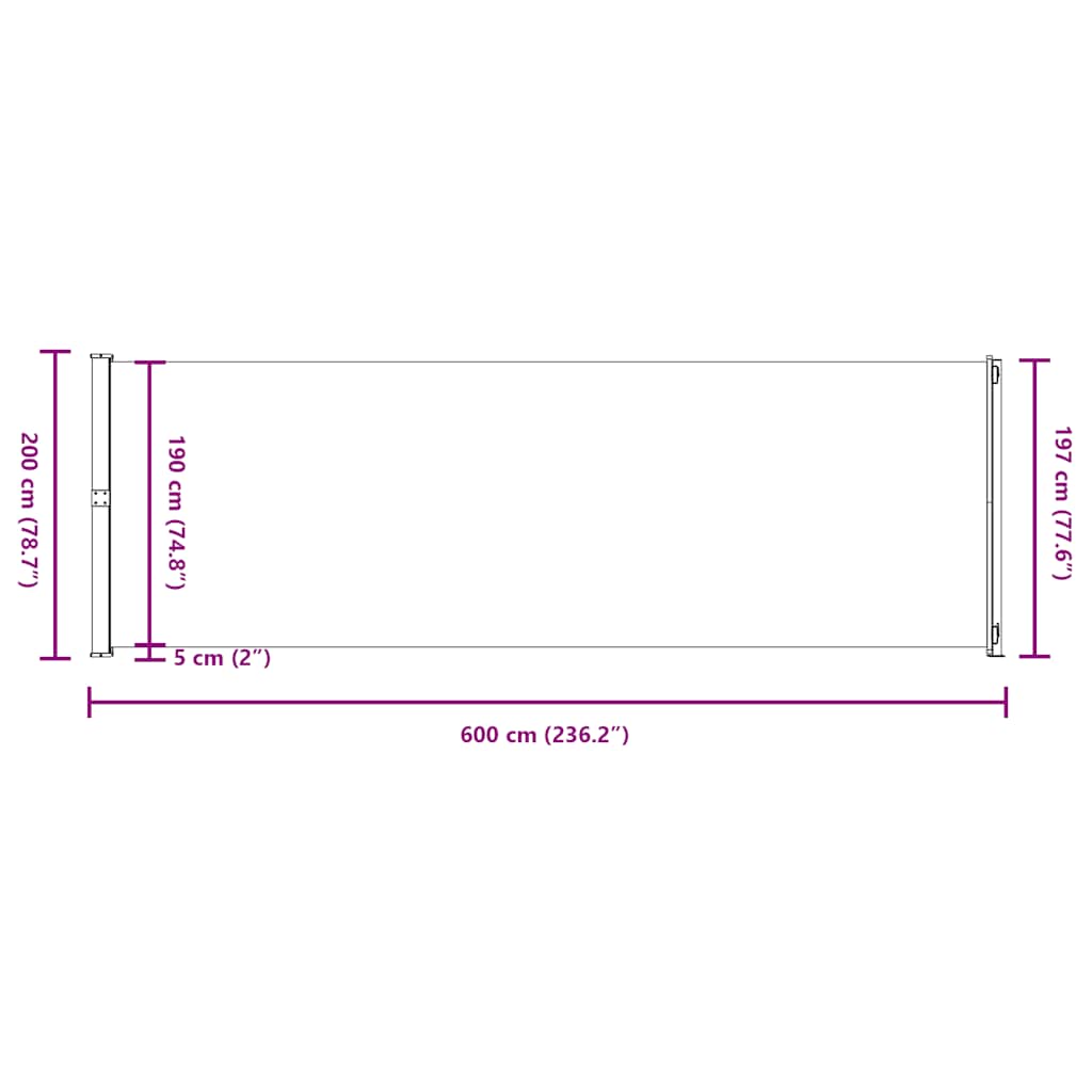 Uvlačiva bočna tenda za terasu 200 x 600 cm siva