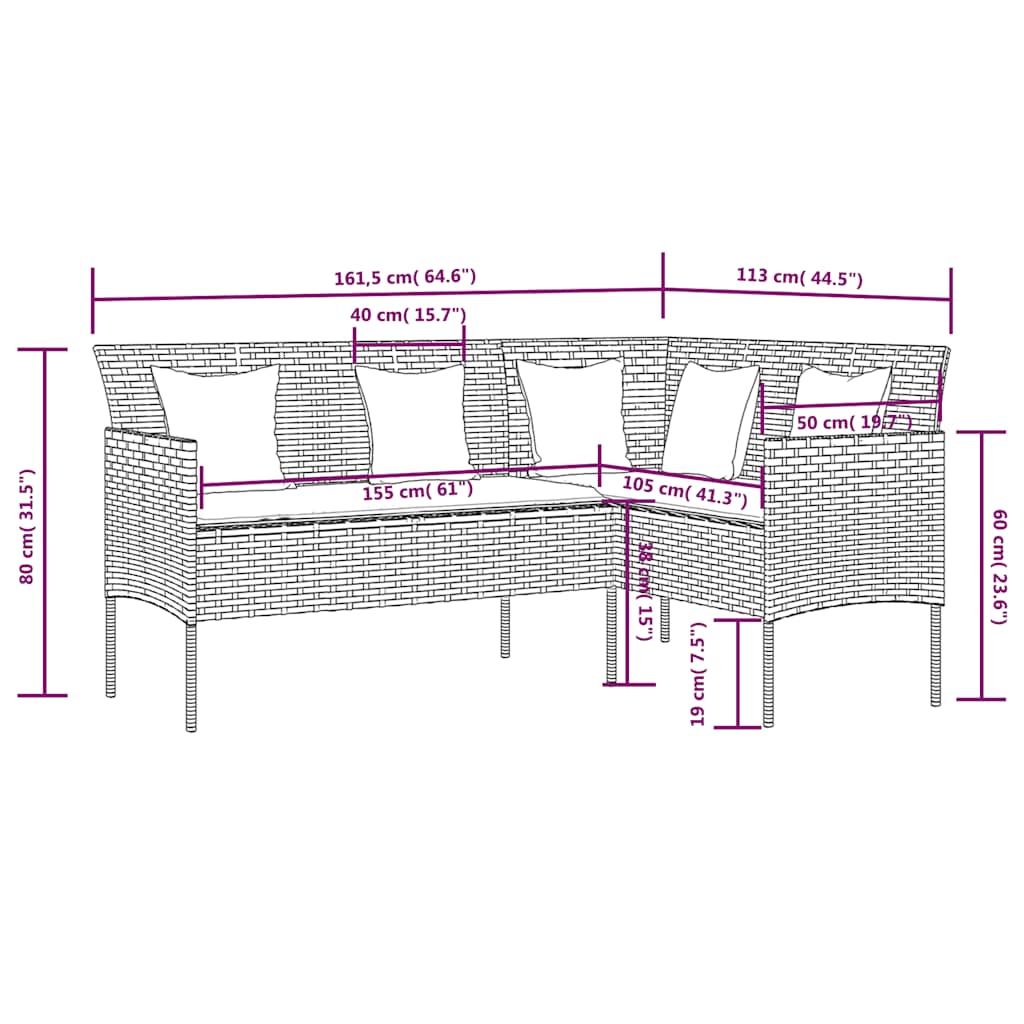 Garnitura L-oblika od poliratana s jastucima crna