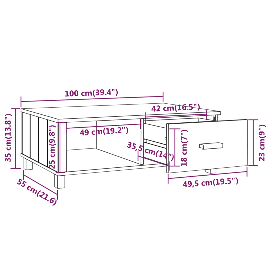 Stolić za kavu HAMAR bijeli 100x55x35 cm od masivne borovine