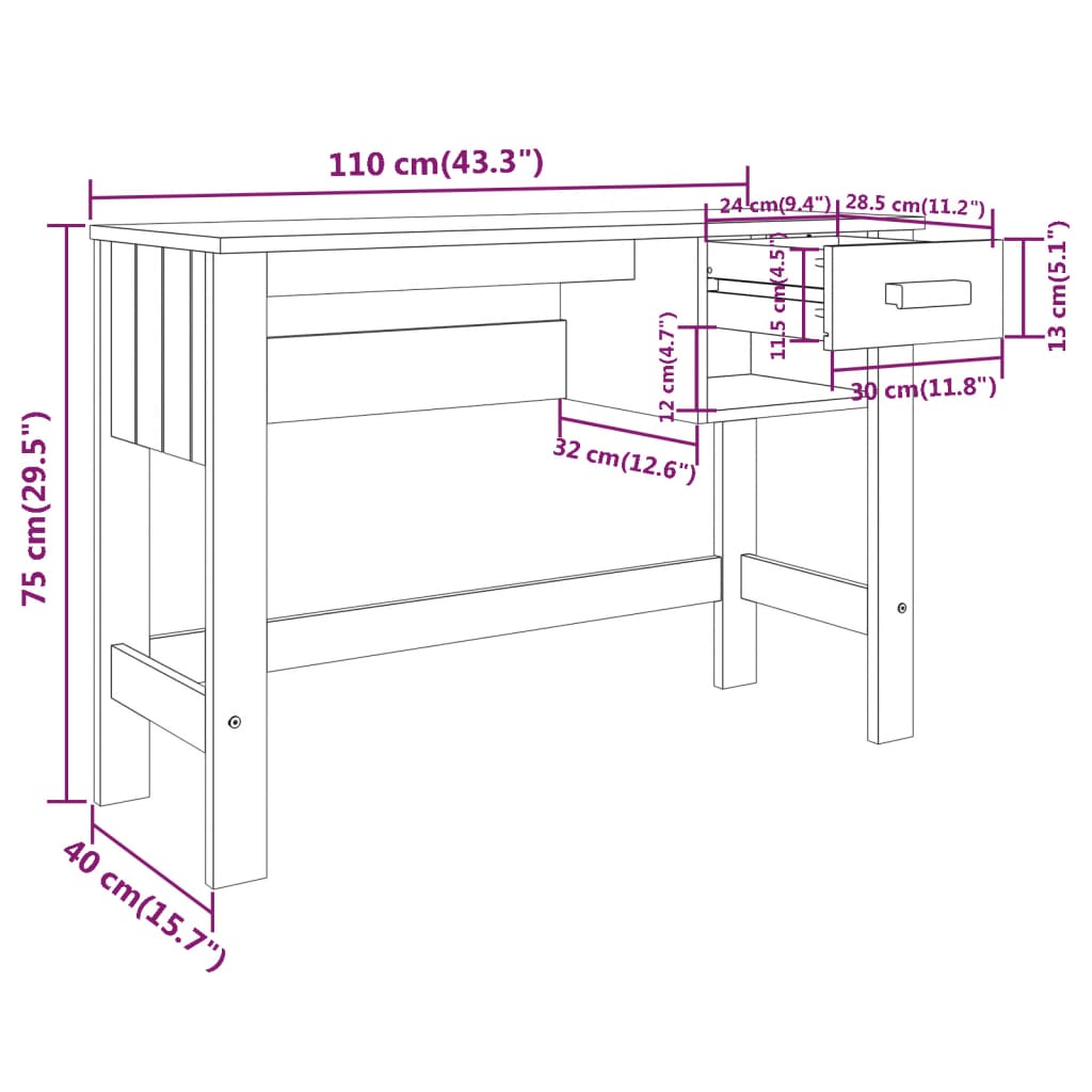 Radni stol HAMAR tamnosivi 110 x 40 x 75 cm od masivne borovine