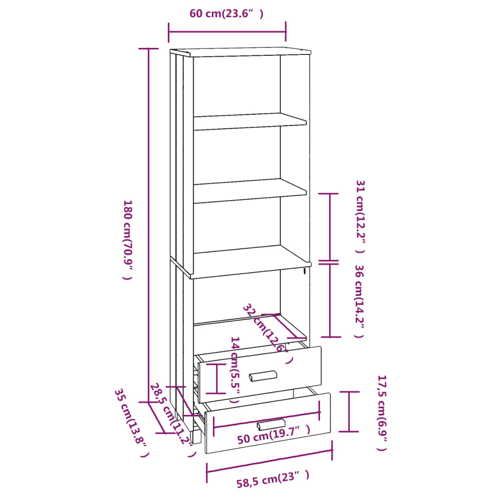 Visoka komoda HAMAR svjetlosiva 60x35x180 cm masivna borovina