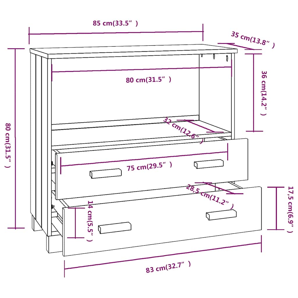 Komoda HAMAR bijela 85 x 35 x 80 cm od masivne borovine