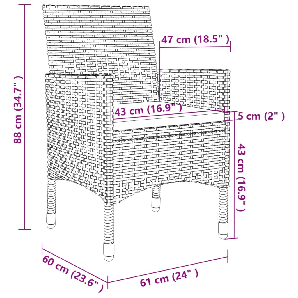 7-dijelni vrtni blagovaonski set od poliratana s jastucima crni