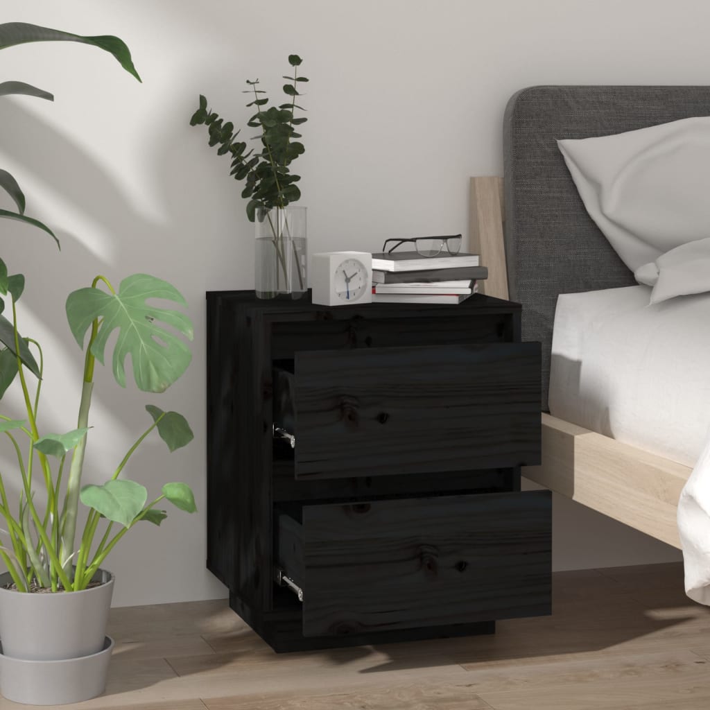 Noćni ormarići 2 kom crni 40 x 35 x 50 cm od masivne borovine