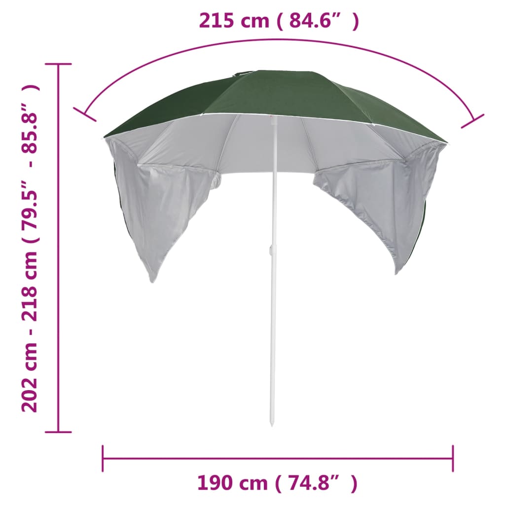 Suncobran za plažu s bočnim stijenkama zeleni 215 cm