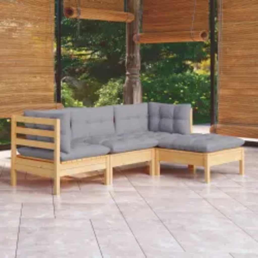 4-dijelna vrtna garnitura od borovine sa sivim jastucima
