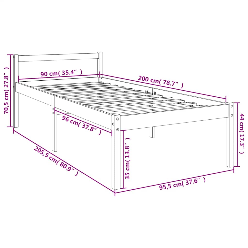 Krevet za starije osobe 90 x 200 cm od masivne borovine