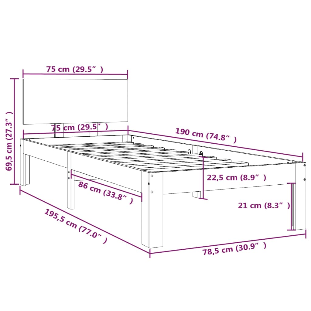 Okvir za krevet od masivnog drva crni 75 x 190 cm mali