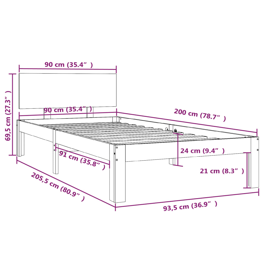 Okvir za krevet od masivne borovine bijeli 90 x 200 cm