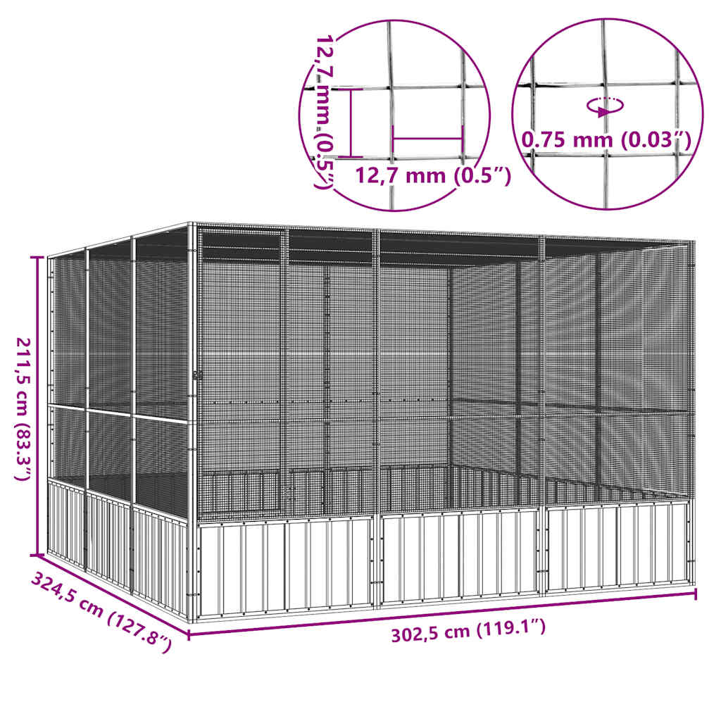 Kavez za ptice sivi 302,5x324,5x211,5 cm od pocinčanog čelika