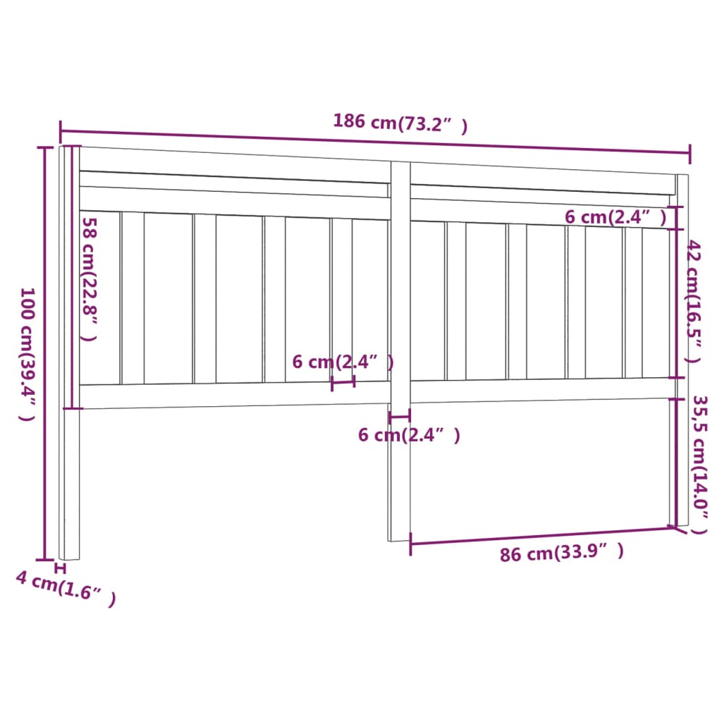 Uzglavlje za krevet crno 186 x 4 x 100 cm od masivne borovine