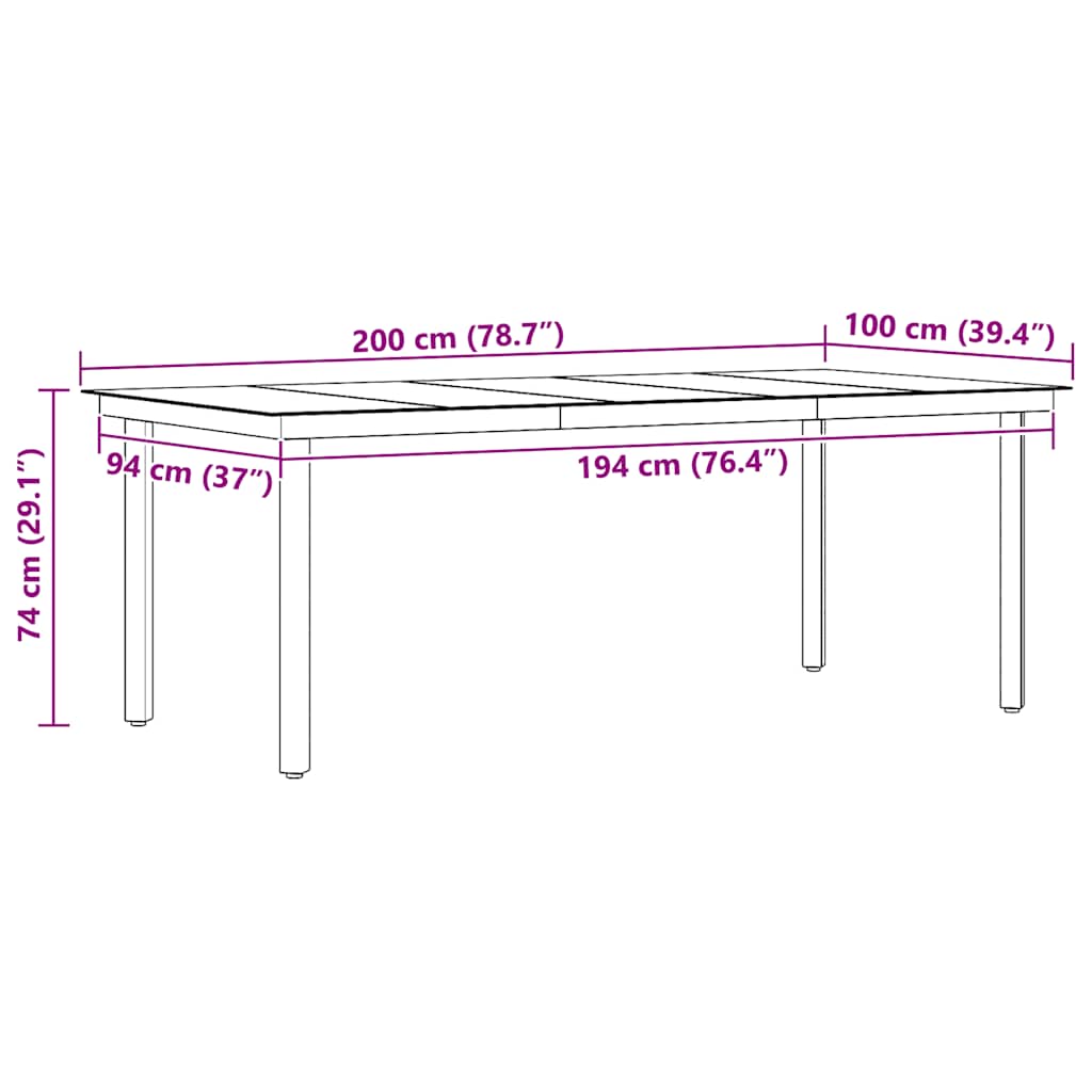Vrtni blagovaonski stol crni 200 x 100 x 74 cm čelik i staklo