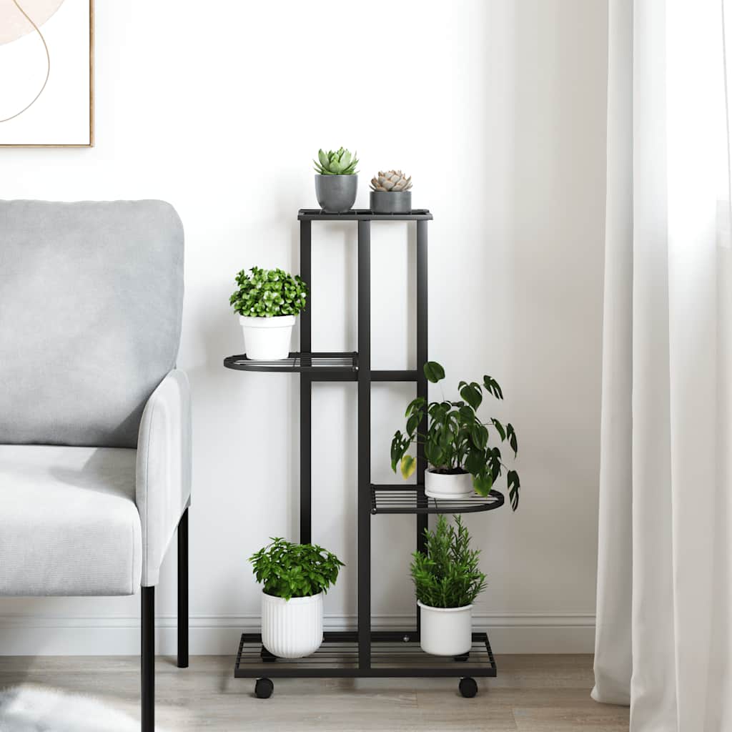 Stalak za cvijeće s 4 kata i kotačima 44x23x80 cm crni željezni