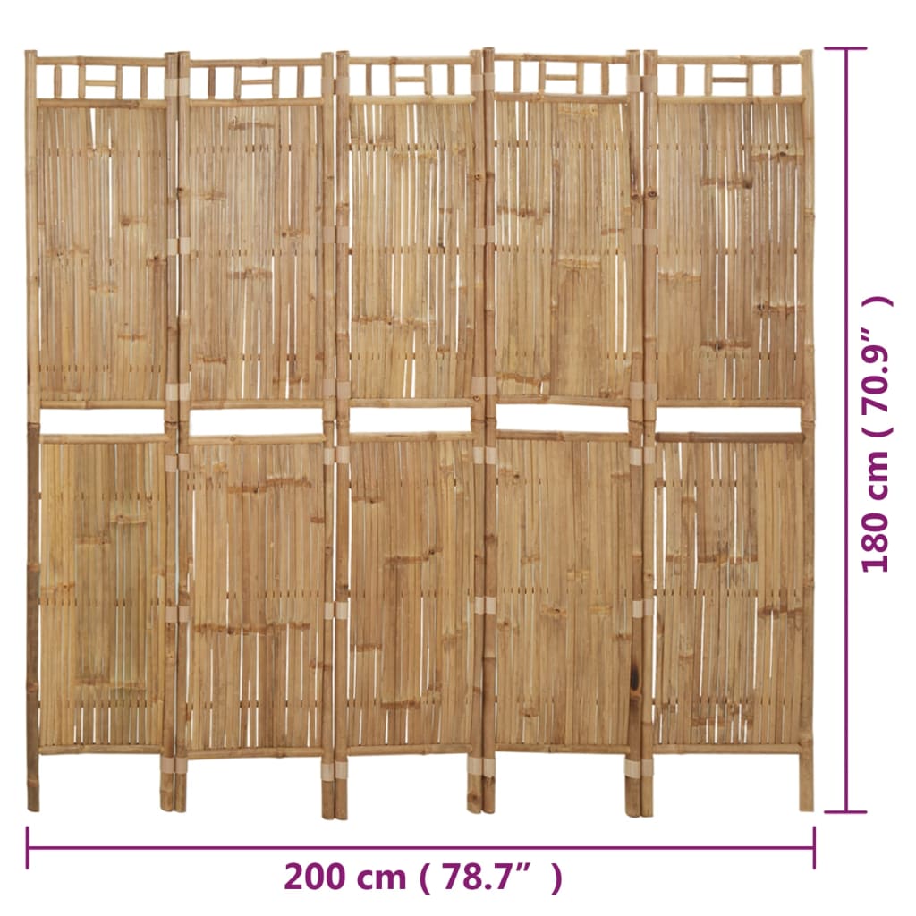 Sobna pregrada s 5 panela od bambusa 200 x 180 cm