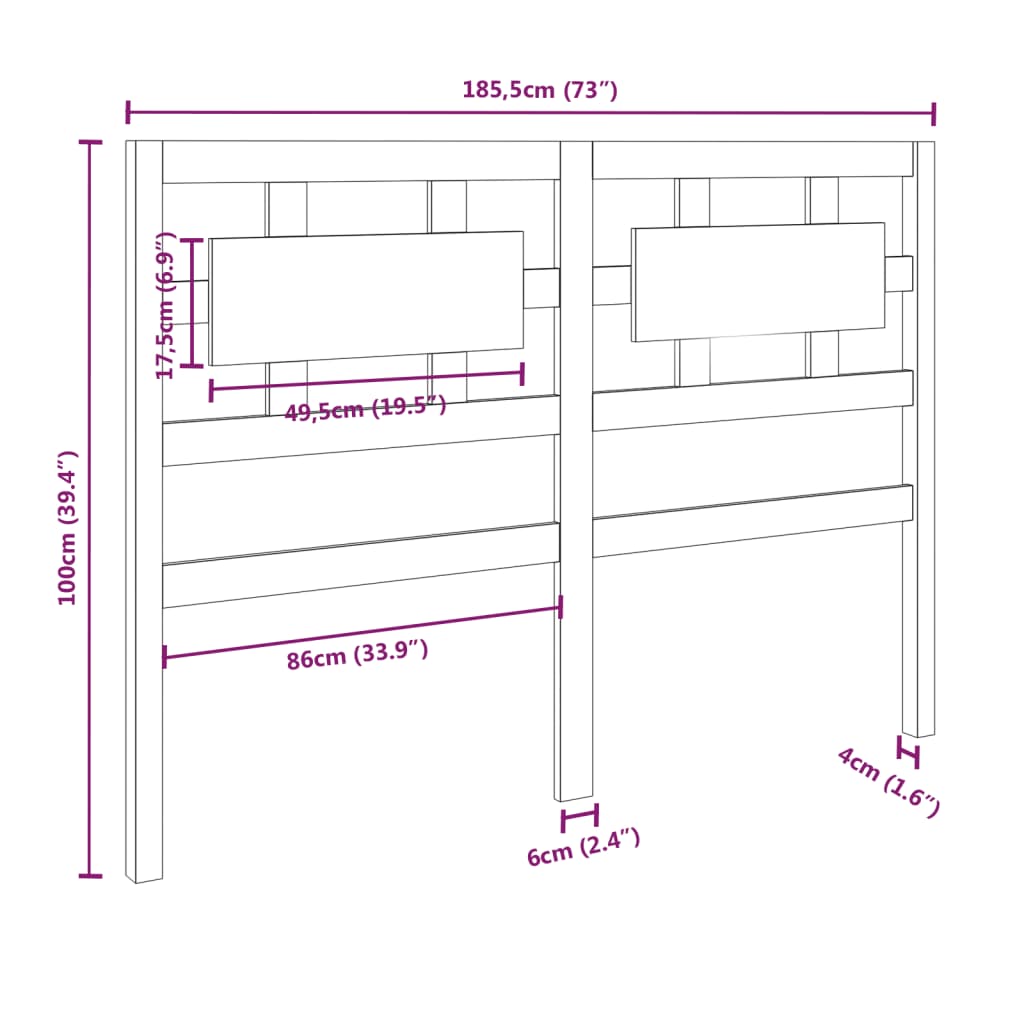 Uzglavlje za krevet crni 185,5 x 4 x 100 cm od masivne borovine