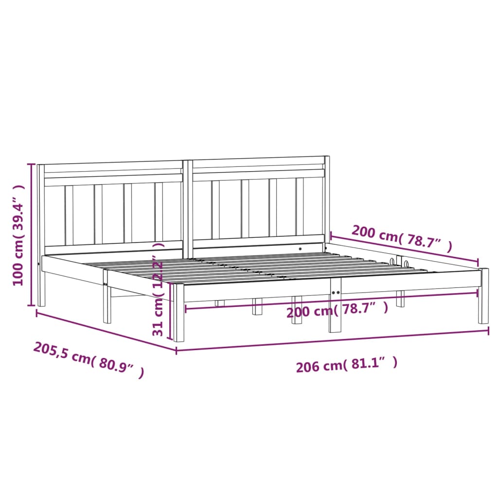 Okvir za krevet od masivne borovine crni 200 x 200 cm