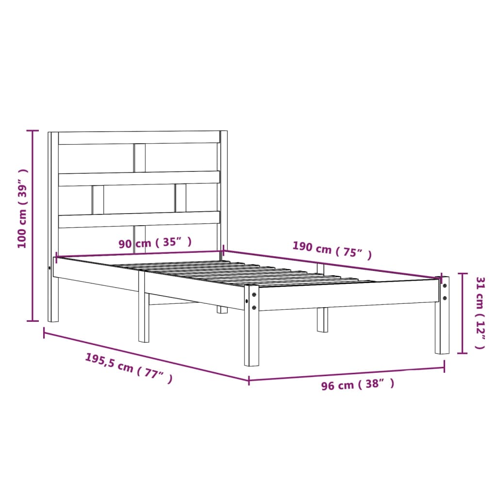 Okvir za krevet bijeli 90x190 cm jednokrevetni masivno drvo