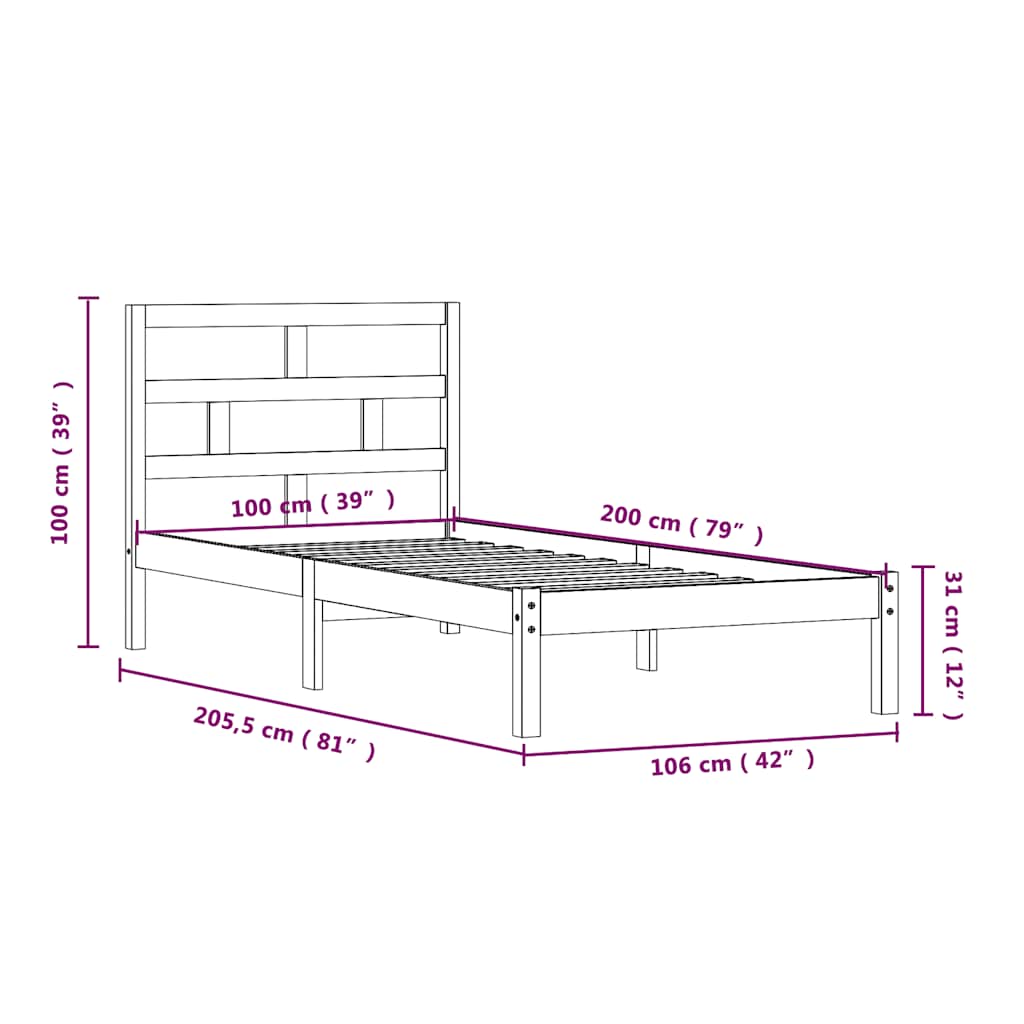 Okvir za krevet od masivne borovine crni 100 x 200 cm