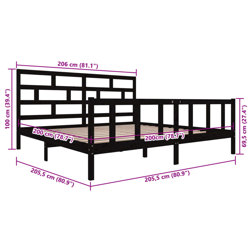 Okvir za krevet od masivne borovine crni 200 x 200 cm