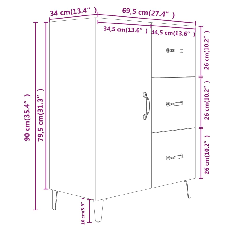 Komoda boja dimljenog hrasta 69,5x34x90 cm konstruirano drvo